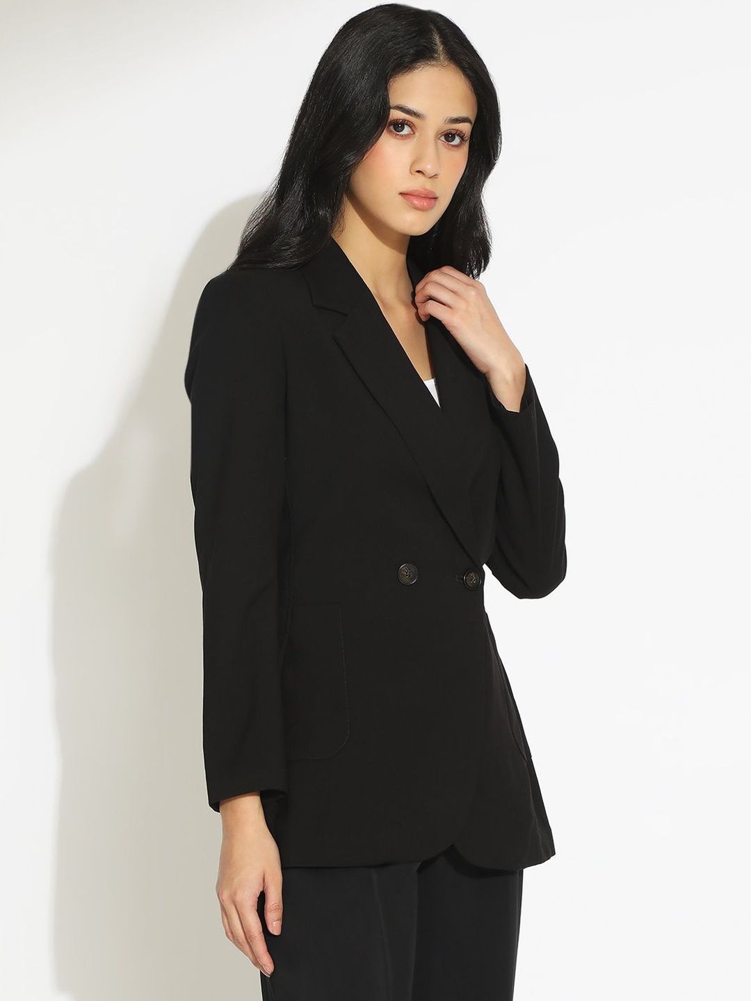 SHOWOFF Women Black Double-Breasted Blazer with Shoulder Pads