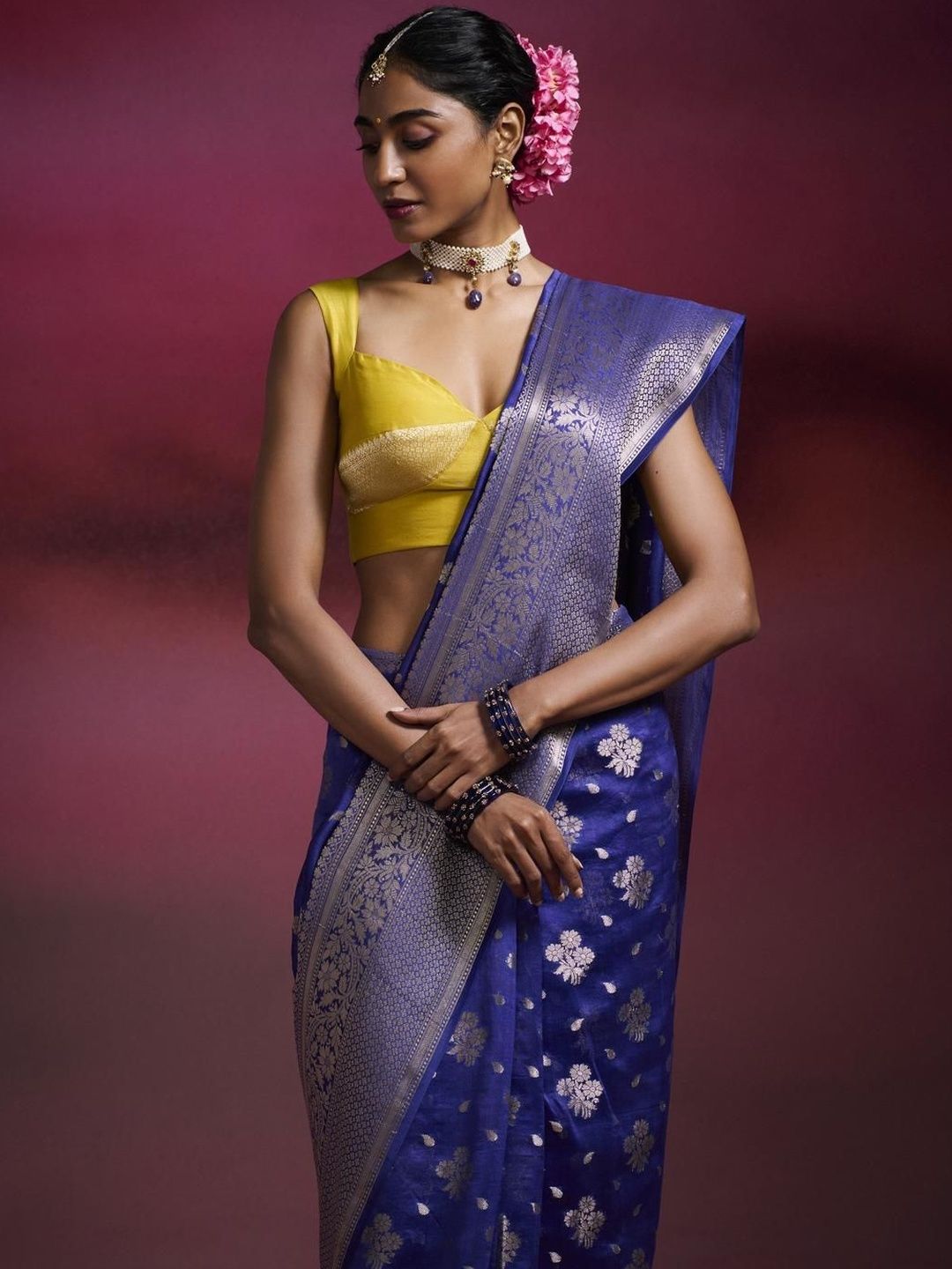 Dressfolk Ink Blue Woven Design Banarasi Silk Cotton Saree With Zari Border & Floral Butta